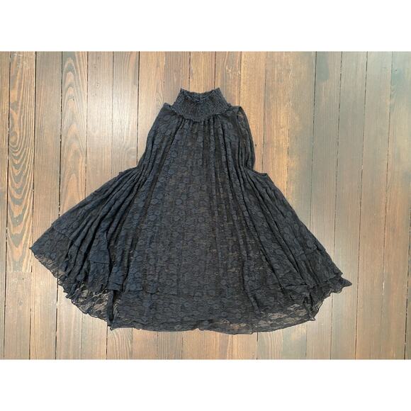 FREE PEOPLE ShirMyrna Black Sheer Lace Tunic Top Blouse Boho High Smocked Collar - Picture 8 of 11